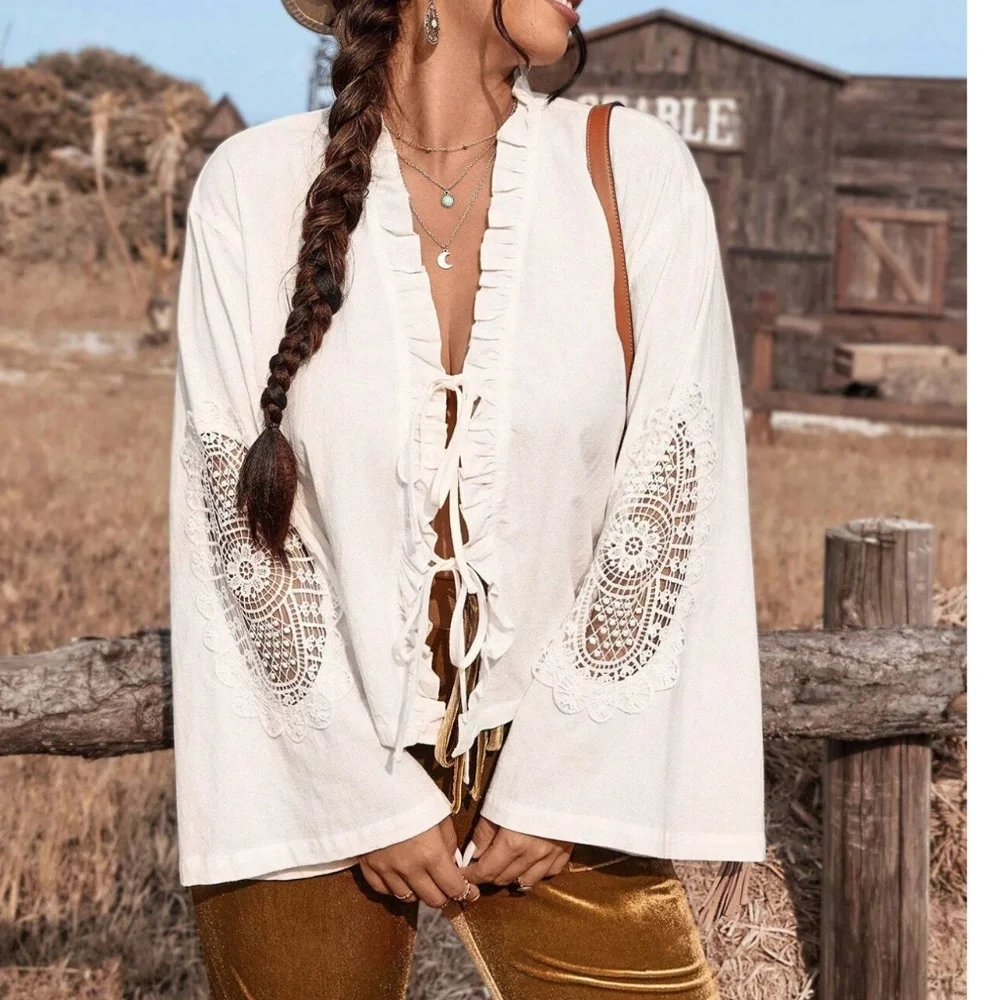 Plus White Floral Lace Insert Ruffle Detail Front Tie Top